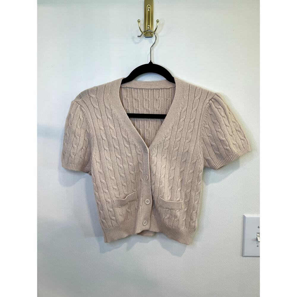 Cider Cable Knit Puff Sleeve Cardigan Sweater Cream Beige Size Medium
